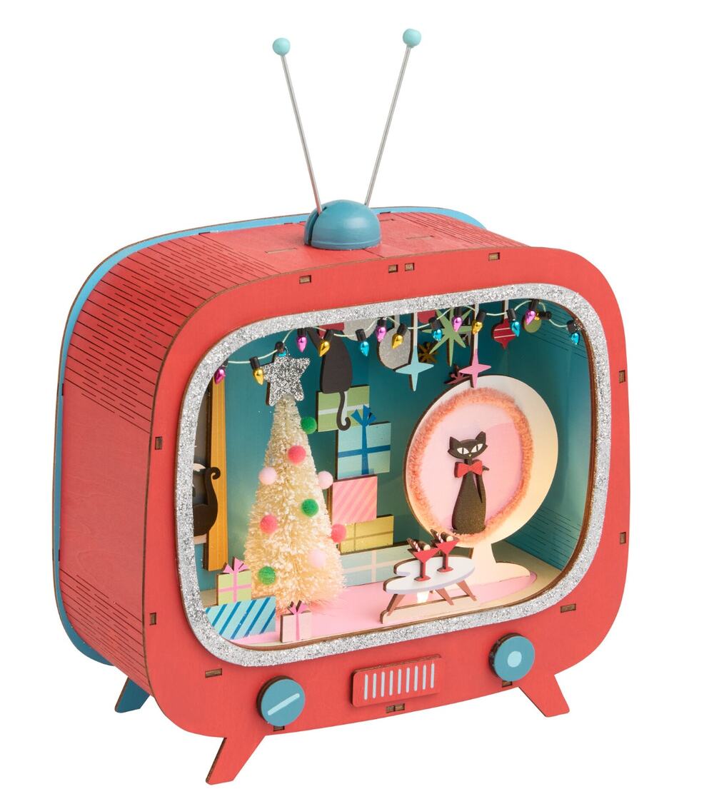 Mid-Century Modern Atomic Cat TV Set Light Up Christmas Decor Laser Cut Wood NEW